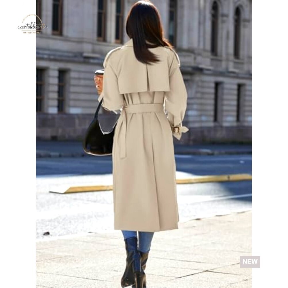 Long Trench Coat Double Breasted Classic Lapel Overcoat with Belt - Picture 6 of 7